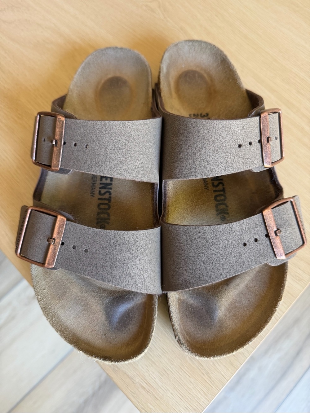 Birkenstock Women's Arizona Slide Sandals in Mocha with Copper Buckles